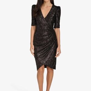 Calvin Klein Black Sequin Puff Sleeve Faux Wrap Cocktail Sheath Dress SZ 16